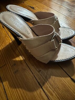 Yves Saint Laurent Beige Suede Slide Mules with Gold Accents